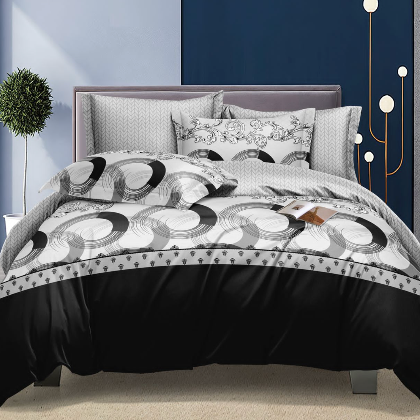 Lenjerie de pat bumbac satinat 4 piese Alba cu Negru Modern